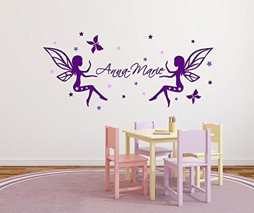 XL Mädchen Wandtattoo mit Namen, 72465-130x58cm-tricolore-violett, Fee mit Schmetterlingen und Sternen fürs Mädchenzimmer, Kinderzimmer, Wandaufkleber Wandtatoos Sticker Aufkleber für die Wand, Tapetensticker, Namensaufkleber mit Wunschname, in 32 Farben wählbar