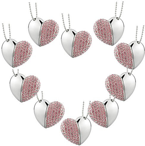 A Plus Wholesale 10pcs USB 3.0 Flash Drive 16GB Love Heart Crystal Necklace USB 3.0 Stick Pink