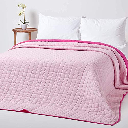 HOMESCAPES - 100% Cotton Reversible Twin Colour Quilted Bedspread Throw - Deep Cerise & Pink - Single 150 x 200 cm - Washable Bedding Sofa Throw