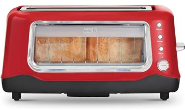 Dash Clear View Toaster | 10 Long Slot 2 Slice Toaster with See-Through Glass Window, 7 Browning Levels, Bagel, Defrost & Reheat Functions, Removable Glass Panel, Crumb Tray, Red