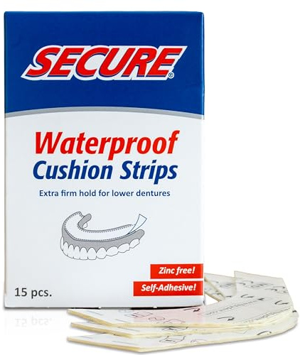 Secure Denture Adhesive Strips – Zinc Free – Waterproof – Comfortable Cushion Fit for Lowers – Extra Firm All-Day-Hold – No Mess – Clean Ingredients – 15 Strips (1 Pack)