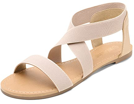 DREAM PAIRS Women's Elastic Ankle Strap Flat Sandals Summer Dressy Shoes Cute Strappy Gladiator Sandals ELATICA-6,Size 6,Nude,ELATICA-6