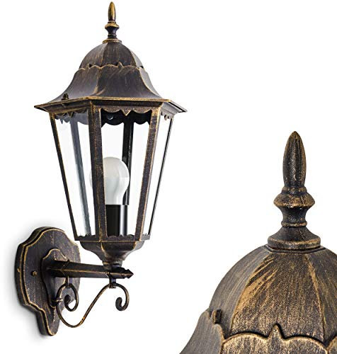 Außenwandleuchte Hongkong, Wandlampe aufwärts in antikem Look, Aluguß in Braun/Gold m. Klarglas-Scheiben, Wandleuchte m. E27-Fassung, Retro/Vintage Außenleuchte für Terrasse u. Hof, ohne Leuchtmittel