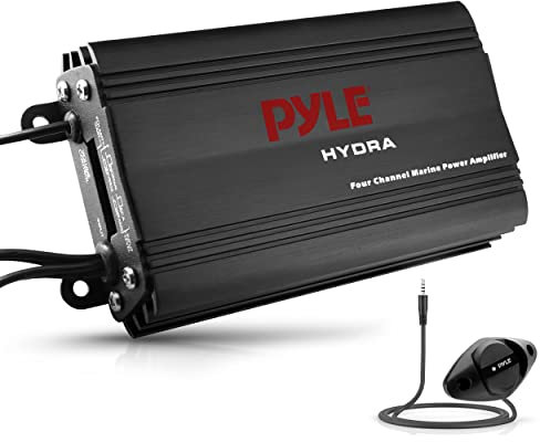 Pyle Hydra Marine Amplifier - Upgraded Elite Series 800 Watt 4 Channel Micro Amplifier - Waterproof, GAIN Level Controls, RCA Stereo Input, 3.5mm Jack, MP3 & Volume Control (PLMRMP3B), Black