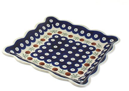 Cerámica polaca Boleslawiec plato, placa cuadrada, pequeño, 16 cm en punto rojo Patrón