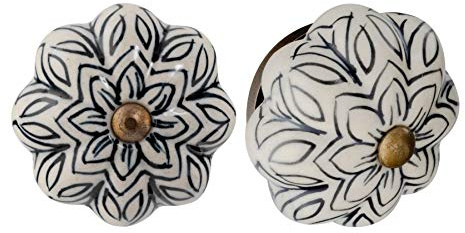 Nicola Spring Ceramic Cupboard Drawer Handle Knobs - Vintage Flower Design - Black - Pack of 24