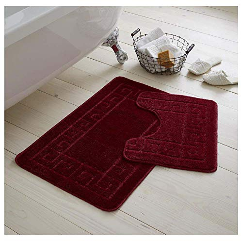 De Lavish Bath Mat Set 2 Piece Non Slip Rubber Pedestal and Bath Mat Set Toilet Greek Bathroom Rug New (Burgundy)