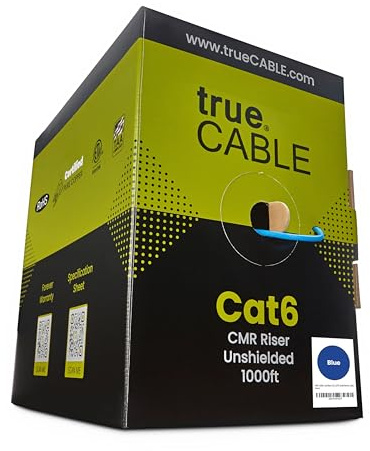 TRUE CABLE Cat6 Riser (CMR), 1000ft, Blue, 23AWG 4 Pair Solid Bare Copper, 550MHz, ETL Listed, Unshielded Twisted Pair (UTP), Bulk Ethernet Cable