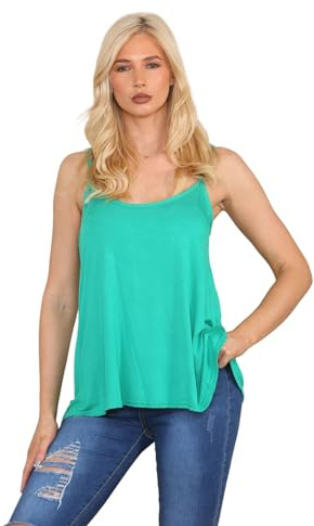 janisramone® Strappy Camisole Tops for Women, Flared Swing Scoop Neck Womens Tank Tops, Plain Sleeveless Stretchy Summer Vests, Ideal Casual and Party Wear Jade Green