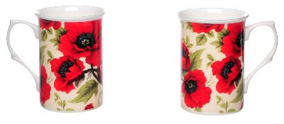 (Item 2F) Kirsty Jayne China- 10Fl oz Bone China Poppy Chintz Set of 2 Beakers, Mugs- Gift Boxed (B25)