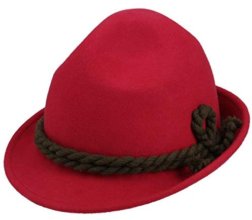 Kinder Dreispitz Wollfilzhut - Unifarbener Trachtenhut für Kinder - Sepplhut aus 100% Wollfilz - Wanderhut mit doppelter Kordel - Sommer/Winter rot 51 cm