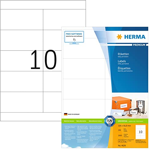 HERMA 4629 Universal Etiketten, 200 Blatt, 105 x 50,8 mm, 10 pro A4 Bogen, 2000 Stück, selbstklebend, bedruckbar, matt, blanko Papier Klebeetiketten Aufkleber, weiß