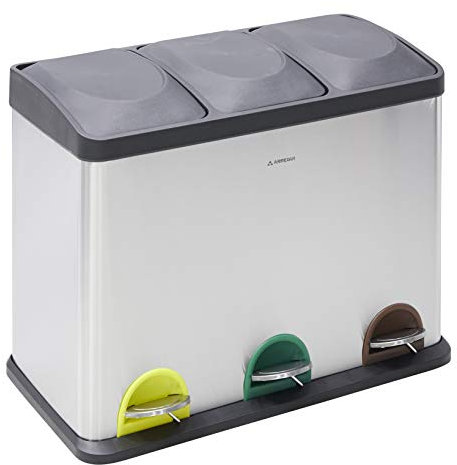 ARREGUI Step Bin CR705-45L Poubelle de Recyclage Cuisine 3 Bacs à pédale | 3x 15 L (45 L) | Poubelle de Tri Sélectif avec 3 Rangements | Meuble Poubelle en Acier Inoxydable avec 3 Seaux | Sac poubelle