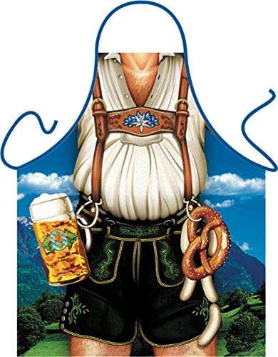 ITATI Lederhose Kochschürze Bayerischer Mann Bretzel bunt, Bedruckt, 100% Polyester, Universalgröße für Erwachsene.