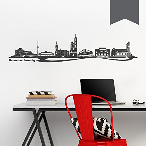 WANDKINGS Wandtattoo Skyline Braunschweig (mit Sehenswürdigkeiten und Wahrzeichen der Stadt) 115 x 26 cm dunkelgrau - erhältlich in 33 Farben