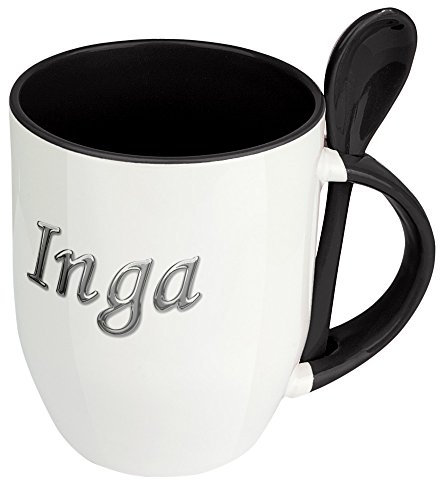 digital print Namenstasse Inga - Löffel-Tasse mit Namens-Motiv Chrom-Schriftzug - Becher, Kaffeetasse, Kaffeebecher, Mug - Schwarz
