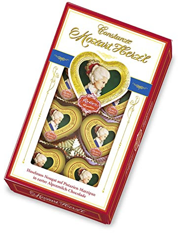 Reber Constanze Mozart Herz'l, Alpenmilch-Schokolade, Pistazien-Marzipan, Haselnuss-Nougat, Tolles Geschenk, 8er-Packung