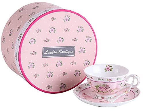 London Boutique Tea Cup and Saucer Set Coffee Cups Gifts for Women Tea Set New Bone China Vintage Flora Rose Gift for Her Tea Party Home Restaurants and Tea House (Rose Pink 1pc Set)
