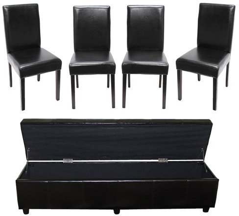 Mendler Garnitur Sitzgruppe Bank mit Aufbewahrung Kriens XXL+4 Stühle Littau, Kunstleder/Leder FSC®-Zertifiziert - schwarz