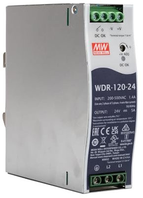 Mean Well WDR-120-24 - Fuente de alimentación para Carril DIN (24 V/CC, 5 A, 120 W, 1 Unidad)