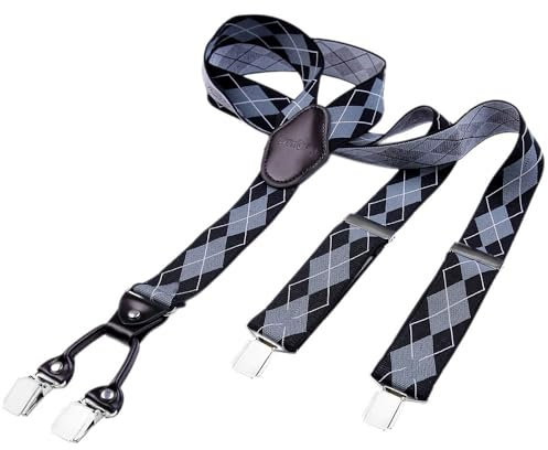 DonDon Hosenträger Herren extra stark mit Karos schwarz grau 3,5 cm Hosenträger Herren breit mit brauem Leder in Y-Form lang - Starke Clips passend für Anzug Jeans Chinos Vintage Rockabilly Suspenders