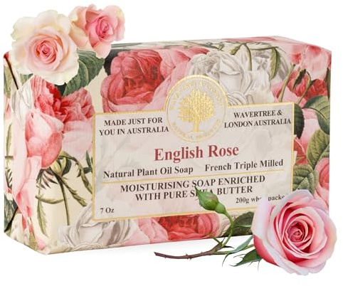 Wavertree & London English Rose Scented Natural Soap Bar, 7oz Moisturizing French Triple Milled Soap Bar for Women & Men Enriched with Organic Shea Butter, Pure Bath & Body Soap (1 Bar)