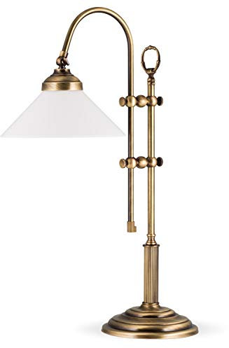 Helios Leuchten 403782 Retro Tischleuchte, vintage Tischlampe Schreibtischlampe echt Messing antik, Leselampe Glas weiss, Messinglampe Jugendstil