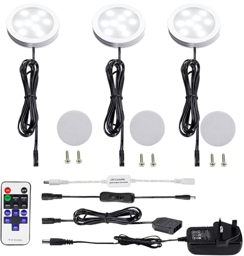 AIBOO Under Cabinet Kitchen Lights 3 Pack With Remote Control, LED Puck Lights With Wired Mains 6W for Cupboard Counter Shelf, Daylight White 6000K