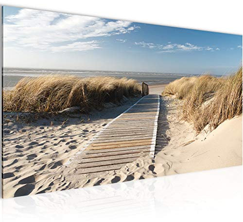 Runa Art Wandbild Strand 1 Teilig 100 x 40 cm Modern Bild auf Vlies Leinwand Meer Sand Schlafzimmer Wohnzimmer Beige Blau 604012a