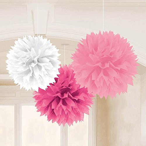 Amscan 181045 - Fluffy Dekobälle zum Aufhängen, Rosa, Pink, Weiß, 3 Stück, circa 40,6 cm, Papier, Hängedekoration