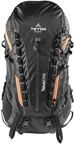TETON Sports Talus 2700 Rucksack – Mehrtagesrucksack mit internem Rahmen – verstellbare Rucksackausrüstung mit integrierter Regenabdeckung, Zeltponcho, Trinkblasenaufbewahrung – Schwarz, 44 l, 66 x