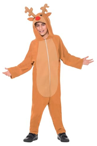 Smiffys Reindeer Costume, Brown with Hooded Jumpsuit, Christmas Children's Fancy Dress, Child Dress Up Costumes