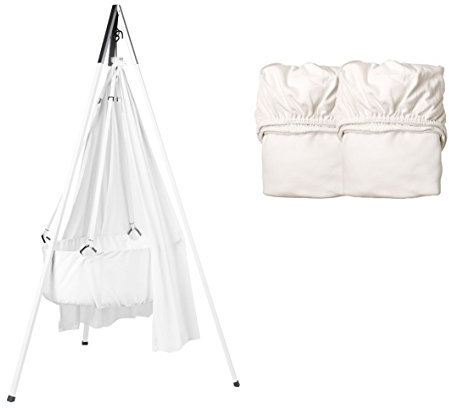 Wiegen-SET - Wiege mit Stativ weiß, Schleier weiß und 2 Stück Spannbetttücher weiß