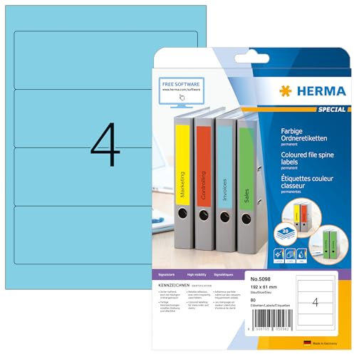 HERMA 5098 Ordnerrücken Etiketten kurz breit, 20 Blatt, 192 x 61 mm, 4 pro A4 Bogen, 80 Stück, selbstklebend, bedruckbar, blickdicht, blanko Papier Ordneretiketten Rückenschilder Aufkleber, blau