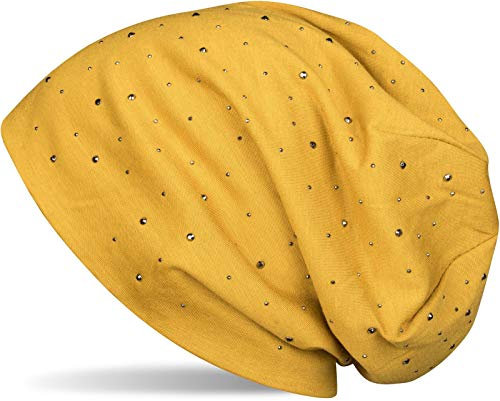 styleBREAKER Damen Beanie Mütze mit edler Strass-Nieten Applikation, Longbeanie Slouch 04024037, Farbe:Curry