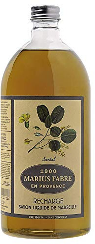 1 litre. Savon liquide, huile d'olivier parfumé : Bois de santal – normal, sec, riche et sensible.