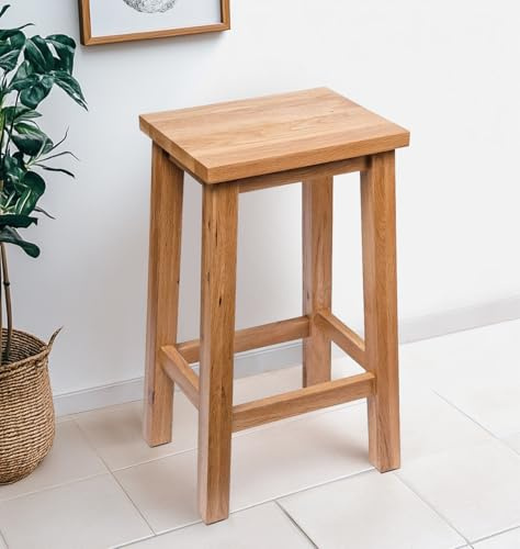 Hallowood Furniture Camberley Solid Wooden Bar Stool in Light Oak Finish | Oak Stool with Footrest, Stools to Sit On Under Kitchen Counter Top, Breakfast Bar, Dressing Table, Living Room or Hallway