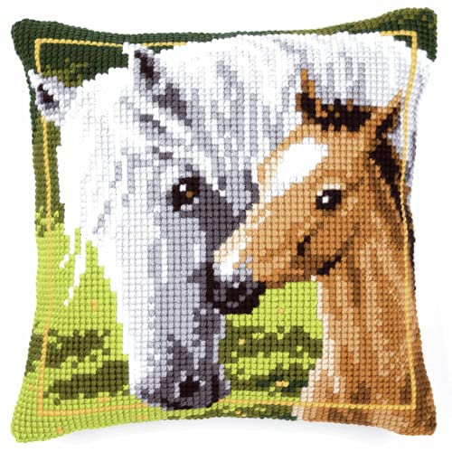 VERVACO Kreuzstich Stickpackungen Kissen Stickerei Set Anfänger Vorgedruckt Wei e Stute mit Fohlen DIY Set Kreativ Set Für Erwachseneca. 40 x 40 cm Bastelset Handwerker Haus Dekoration