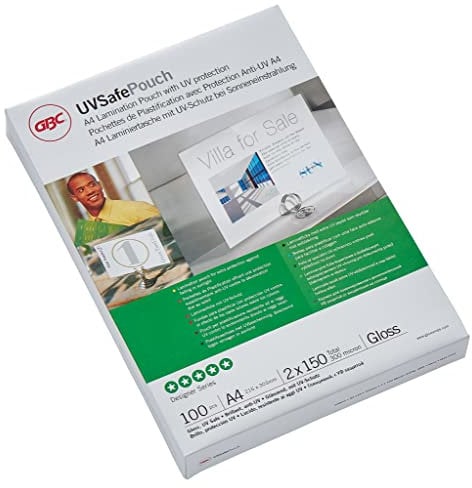 GBC UVSafe Laminierfolien A4 150 mic, UV-Schutz für einen noch besseren Erhalt der Farben, Robuste Laminiertaschen im 100er Pack, Glänzend, Transparent, Ideal für Büro & Schule, IB611032