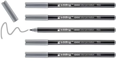 Edding 1300 Medium Felt Pens - Silver Grey, 5 Pack - Round Nib 2mm - Drawing, Writing, School, Mandalas, Bullet Journals
