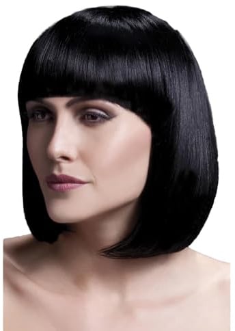 Smiffys Fever Kollektion, Elise Perücke, Schwarz, Eleganter Bob mit Pony, 33cm / 13in Halloween