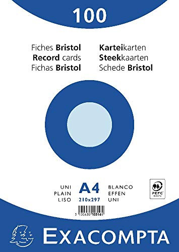 Exacompta - Réf. 10316E - Paquet de 100 fiches bristol unies non perforées - sous film - compatibles avec imprimante jet d'encre, laser et photocopieur - format 210 x 297 mm - couleur azur