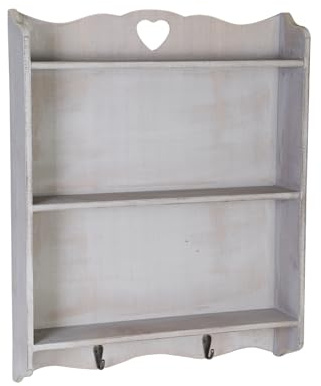 Wandregal Herz Hängeregal Wandgarderobe Regal Shabby Chic Landhaus Wandboard Bilderrahmenleiste für Deko und Wohnaccessoires aus Holz Küche Wohnzimmer Schlafzimmer | L x B x H 9 x 38,5 x 48,5 cm Grau