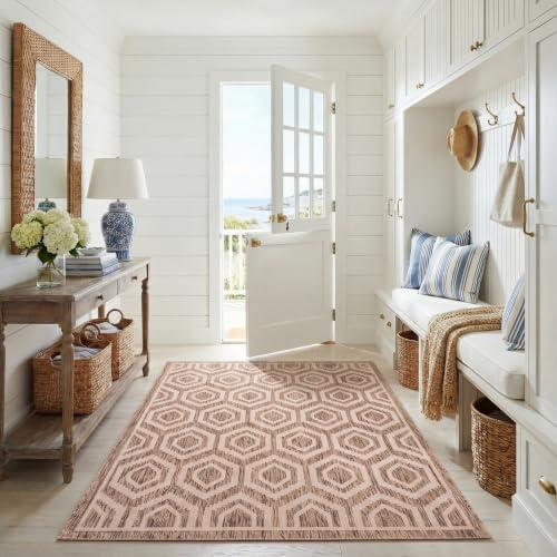 SAFAVIEH Washable Rug Outdoor Courtyard Collection - 6'7 x 9'6, Brown & Bone, Non-Shedding & Easy Cleaning, Ideal for Patio, Backyard, Mudroom (CY6902-242)