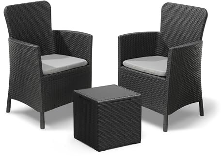 Keter Miami Balcony Set – 2 Flat Wicker-Style Chairs with Cushions & Storage Table | Compact Outdoor Furniture for Patio, Balcony, or Garden | Lightweight & Durable Design