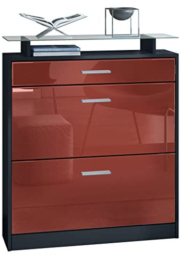 Vladon Schuhschrank Loret, Schuhkipper für 16 Paar Schuhe mit 2 Klappen und 1 Schublade und Glasablage, Schwarz matt/Bordeaux Hochglanz (89 x 104 x 23 cm)