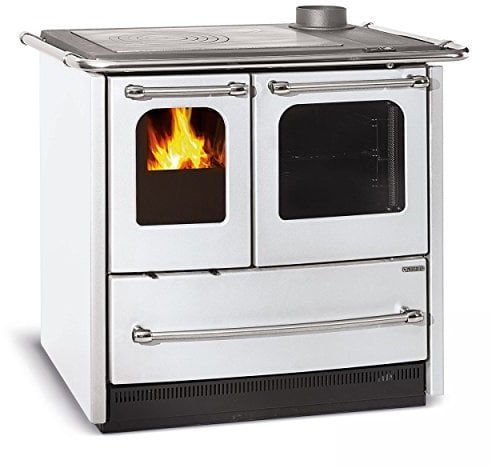Cucina A Legna 'Sovrana Easy' Rivestimento Esterno In Acciaio Porcellanato. Telaio, Piastra E Cerchi In Ghisa. Forno Smaltato Panoramico. Cassettone Portalegna. Focolare In Ghisa Con Sistema Di Post Combustione, Griglia Fuoco In Ghisa. Porta Fuoco Con Dop