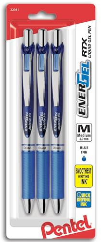 Pentel Pack of 3 BL77 Energel Gel Ink Rollerball Pens, Blue
