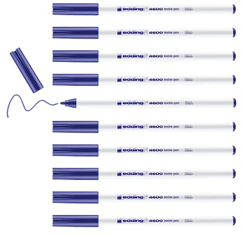 edding 4600 textile pen - blue - box of 10 - round nib 1 mm - permanent fabric pens for drawing on textiles, wash-resistant to 60 °C - fabric pen
