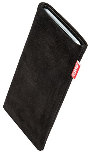 fitBAG Folk Schwarz Handytasche für Apple iPhone 5 / 5s / SE 16GB 32GB 64GB Tasche aus feinem Wildleder Echtleder mit Microfaserinnenfutter | Hülle mit Reinigungsfunktion | Made in Germany